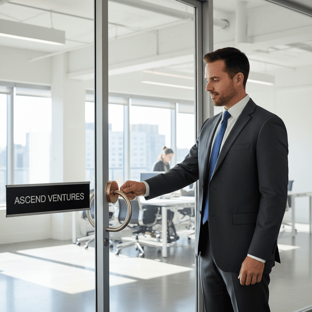 Business owner in a suit unlocking the door to a new office space