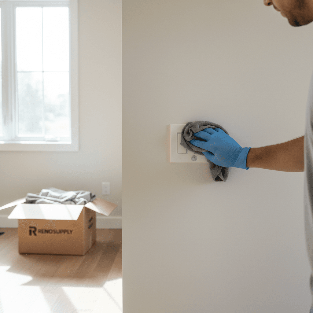 Cleaner wiping a light switch plate in a freshly renovated room
