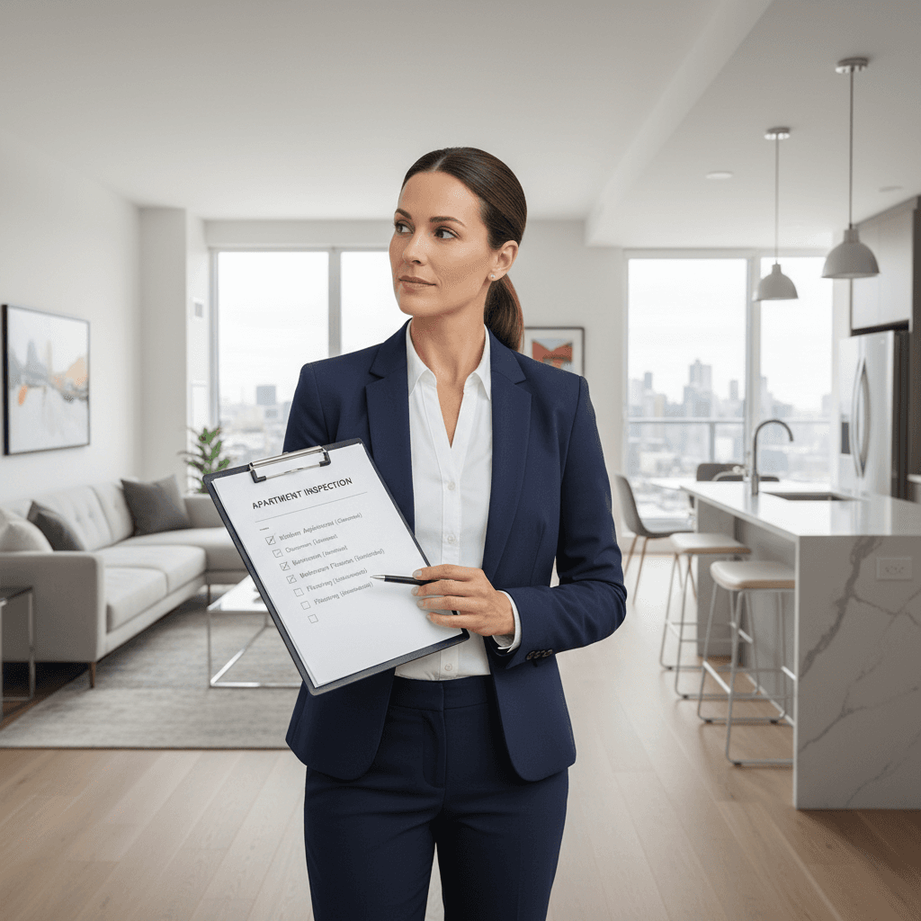 Property manager with clipboard inspecting a clean modern apartment