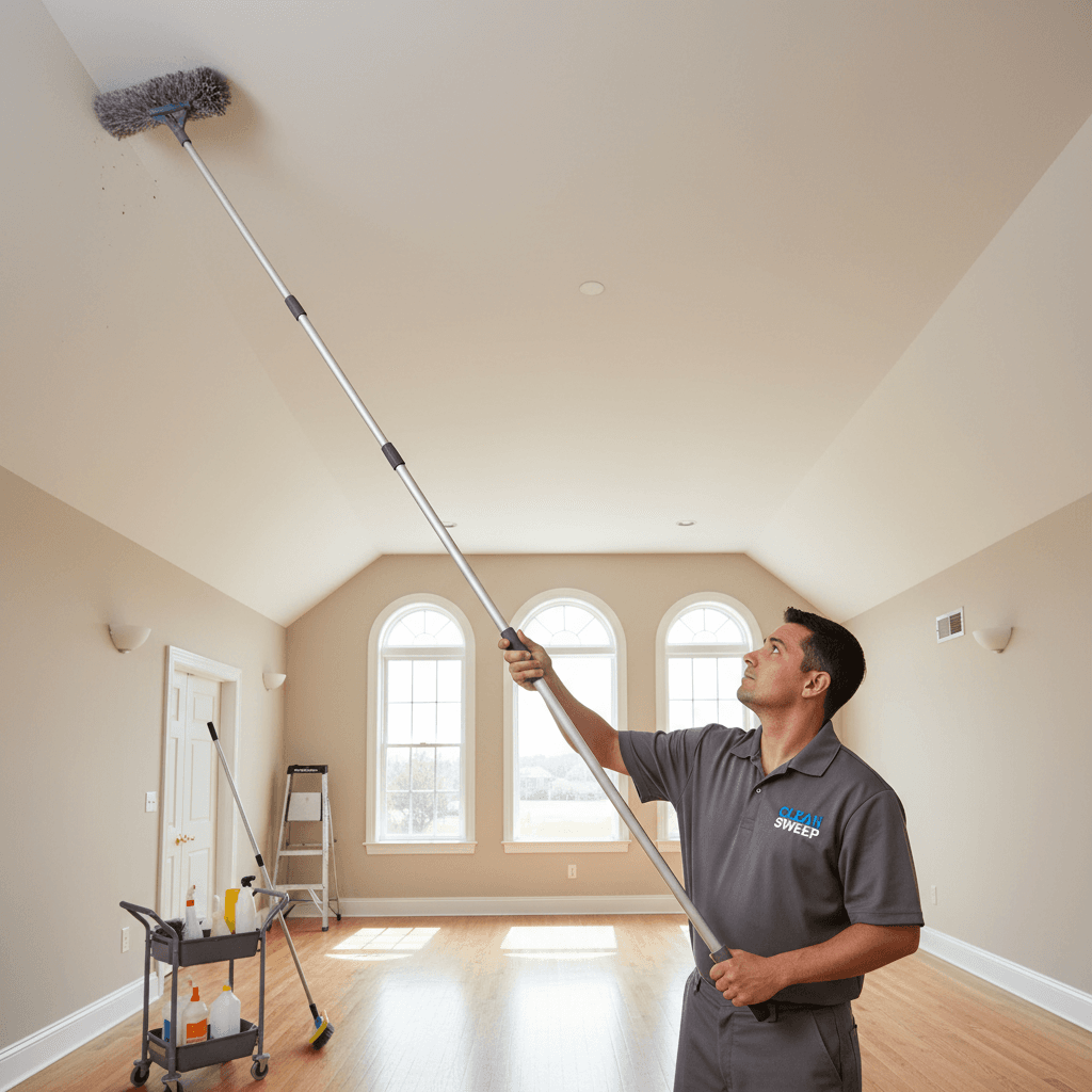 Professional cleaner dusting high ceiling corners with an extendable duster in an empty room