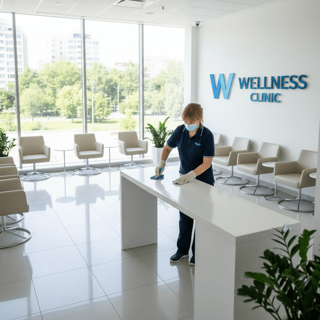 Cleaner disinfecting surfaces in bright medical clinic waiting area