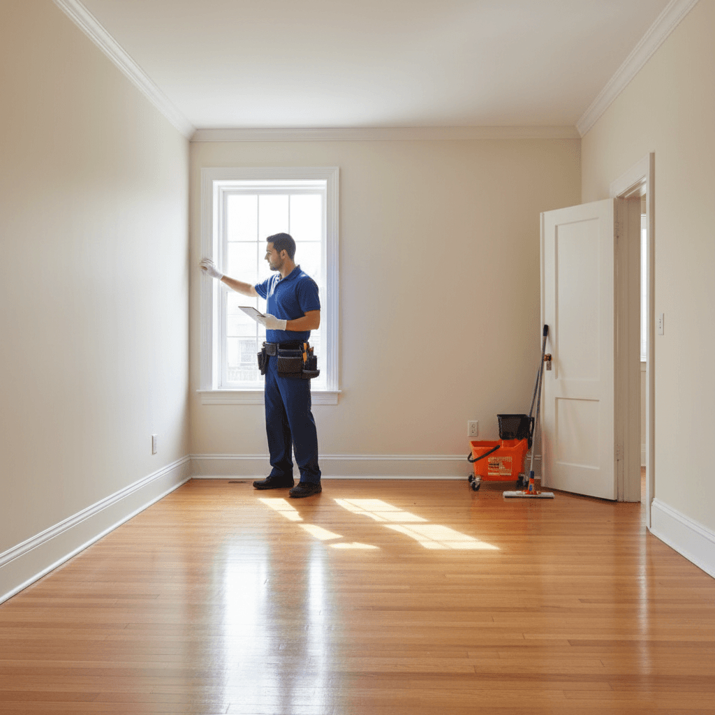 Cleaner inspecting a clean, empty room during a final walkthrough