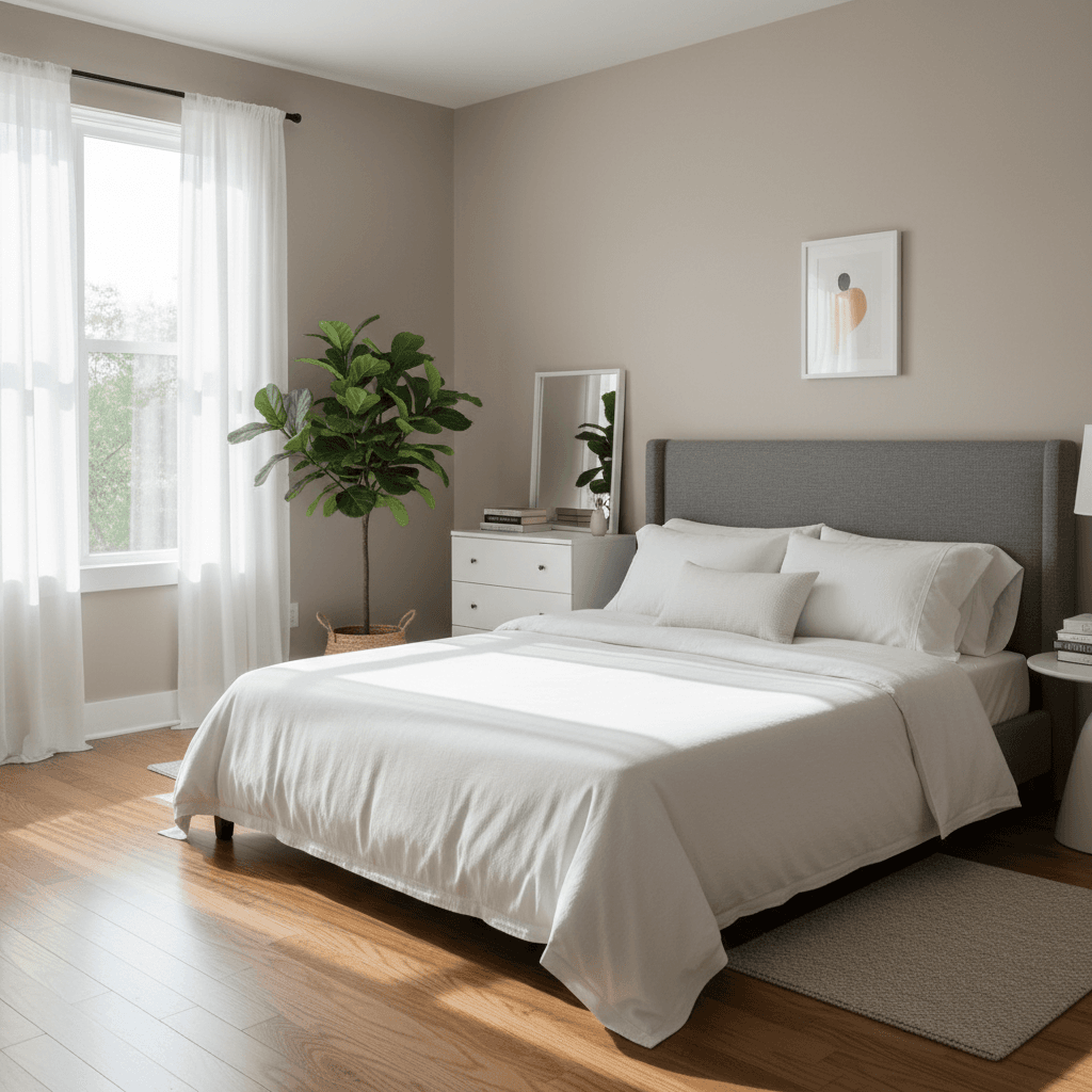 Bedroom with freshly made bed and soft window light