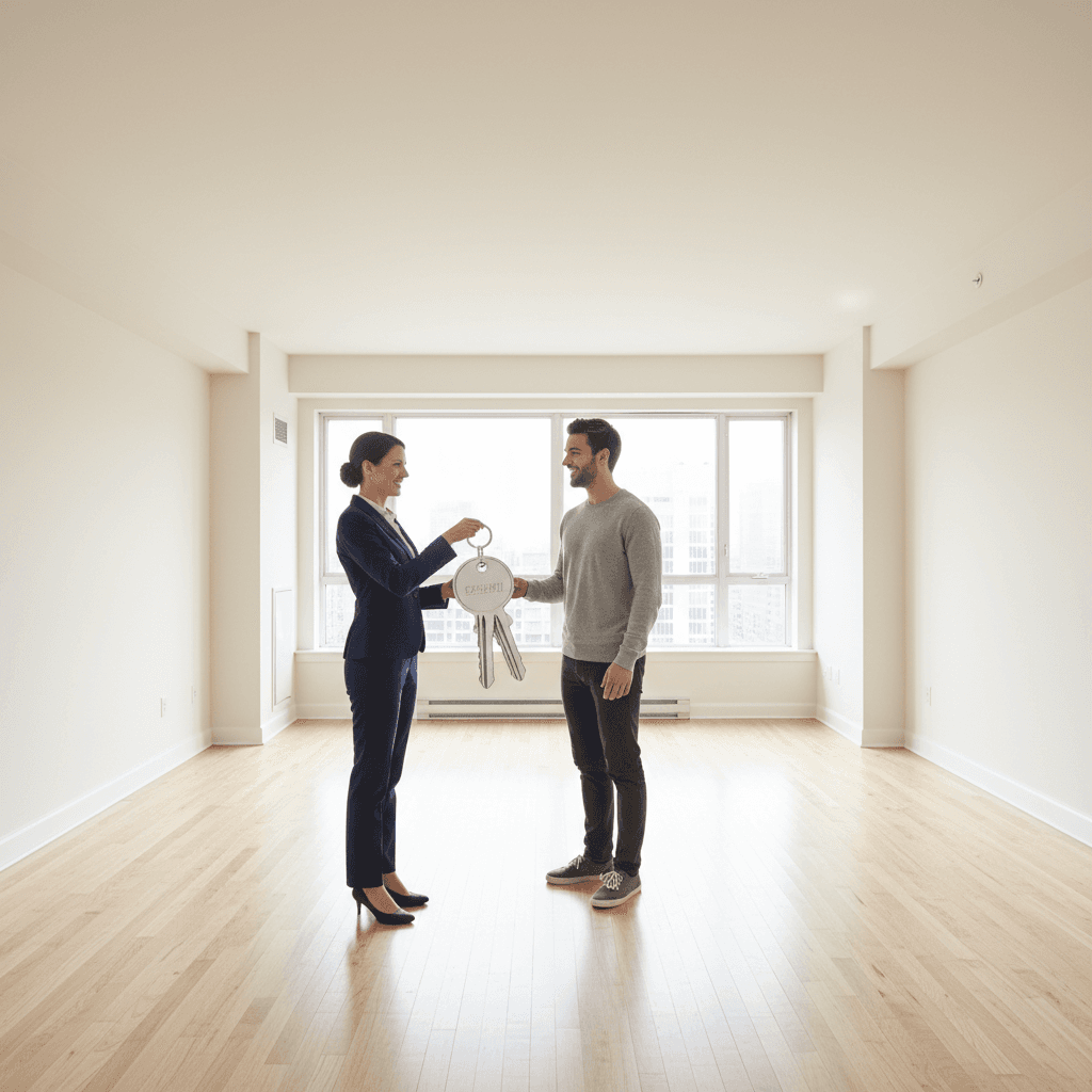 Realtor handing keys to a client in a clean bright empty apartment