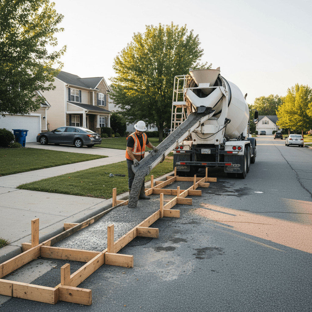 Worker pouring concrete sidewalk along residential street