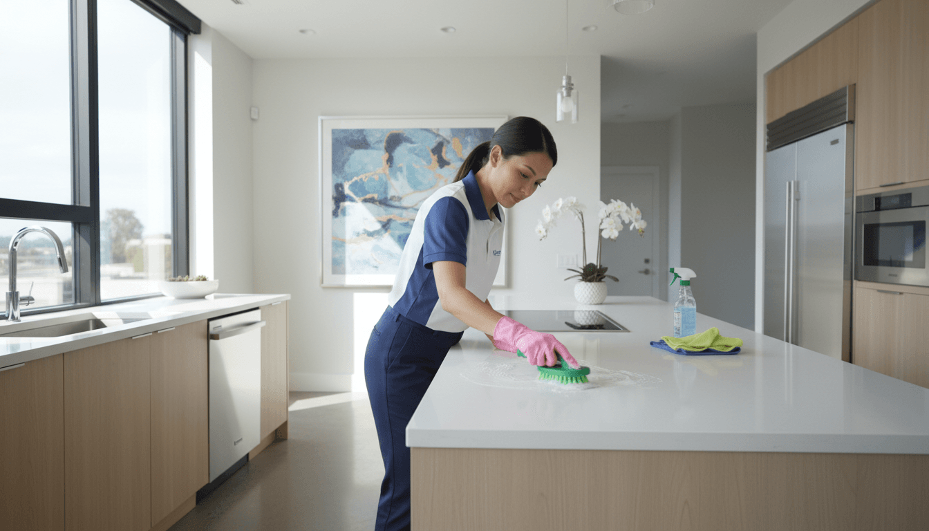 Professional cleaner deep cleaning a modern kitchen countertop
