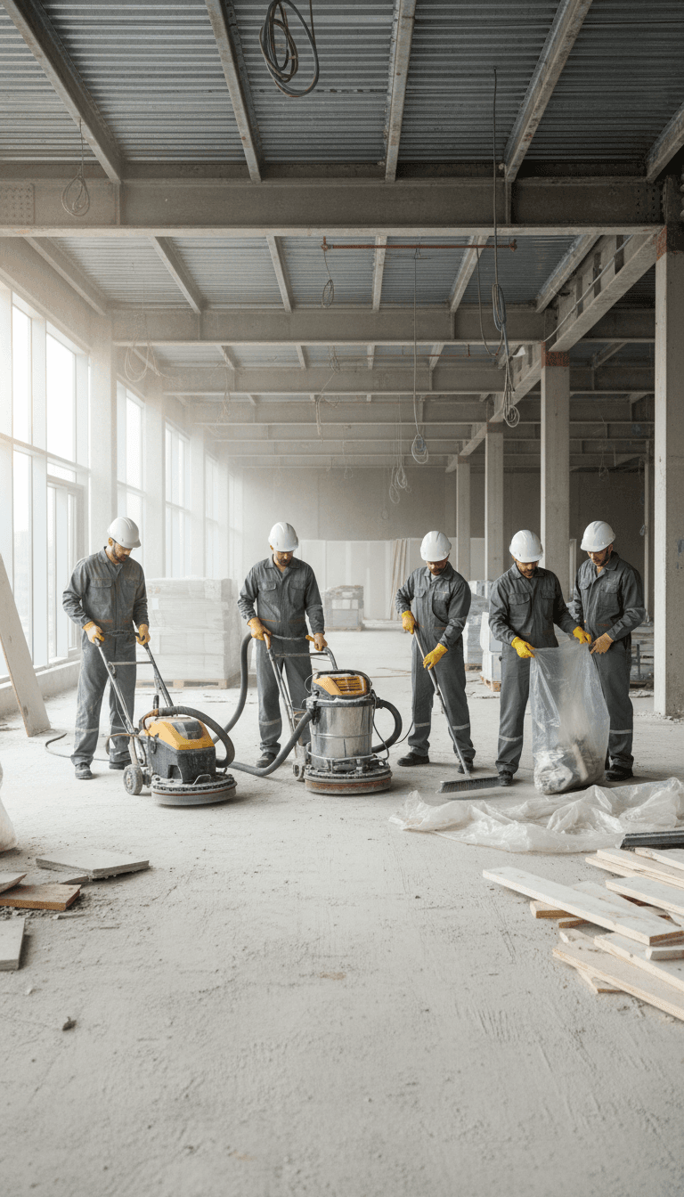 Professional cleaning crew working in a large empty commercial construction site