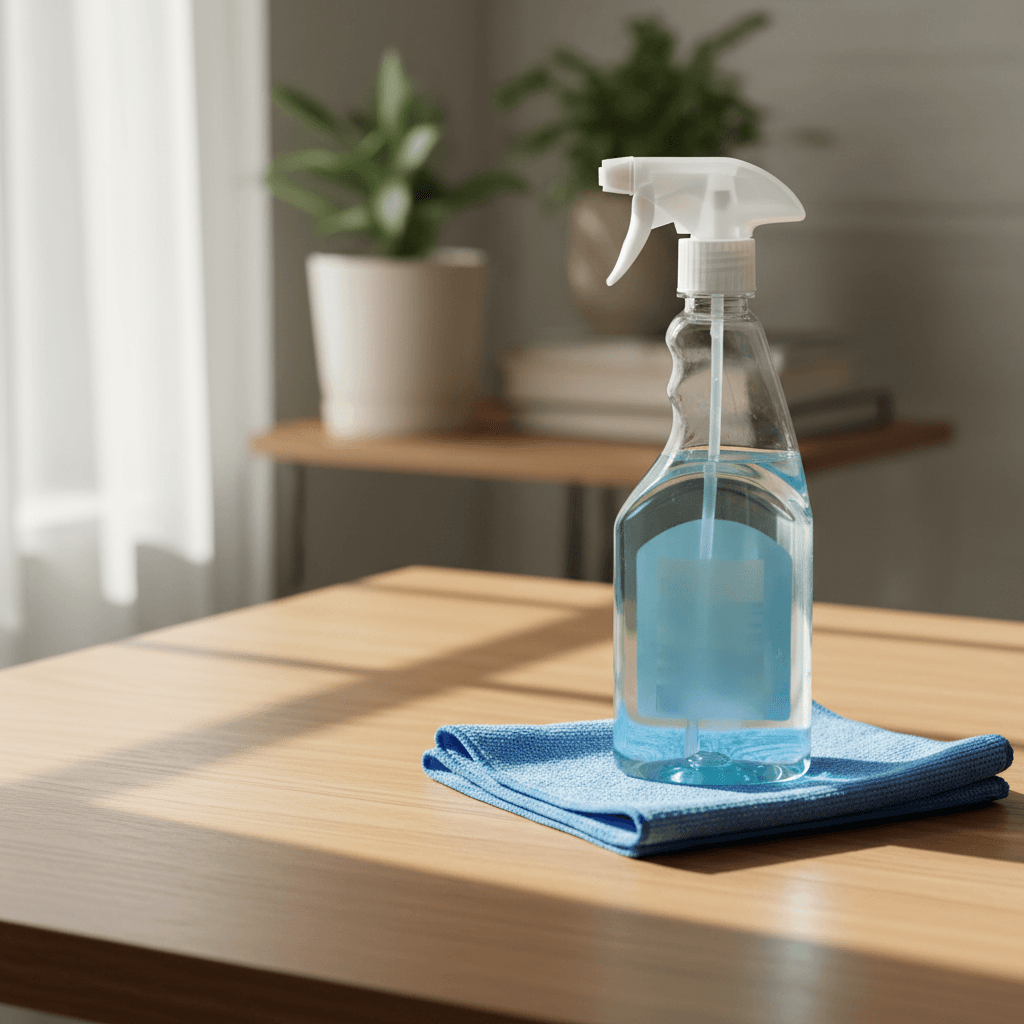 Spray bottle and microfiber cloth on a wooden table in a home