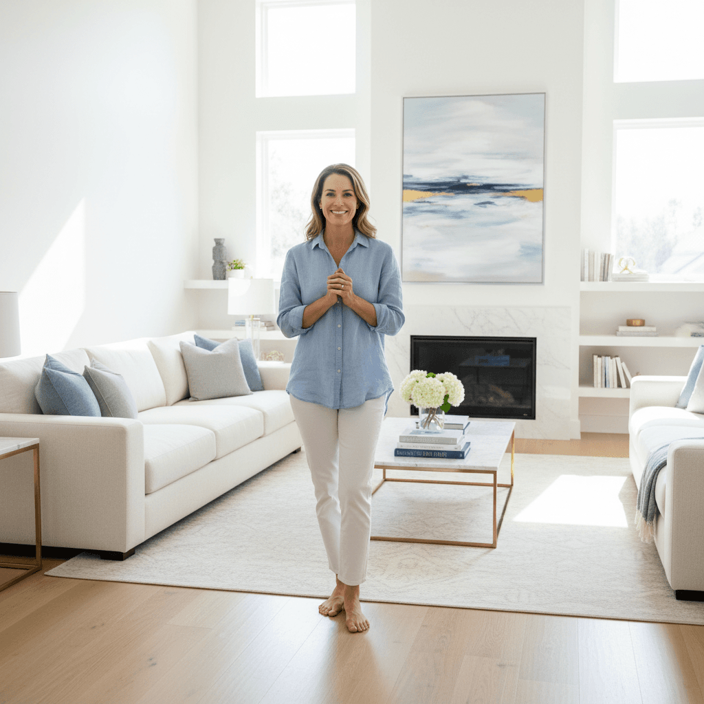 Homeowner smiling in a spotless bright living room