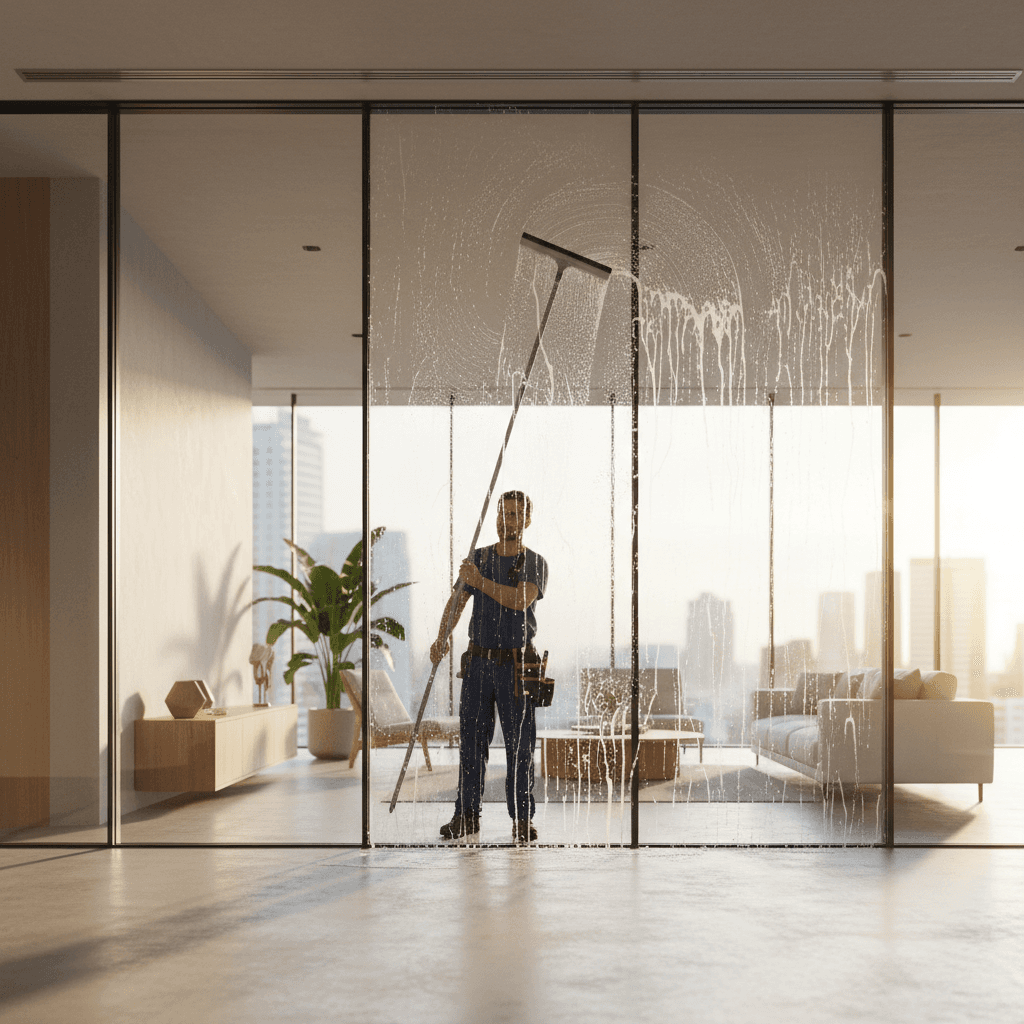 Cleaner squeegeeing a large window pane in a sunlit modern interior
