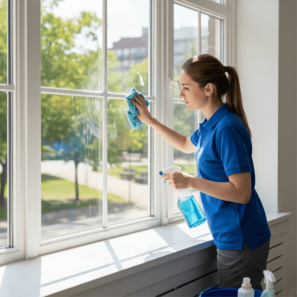 Person cleaning an interior window sill with a spray bottle