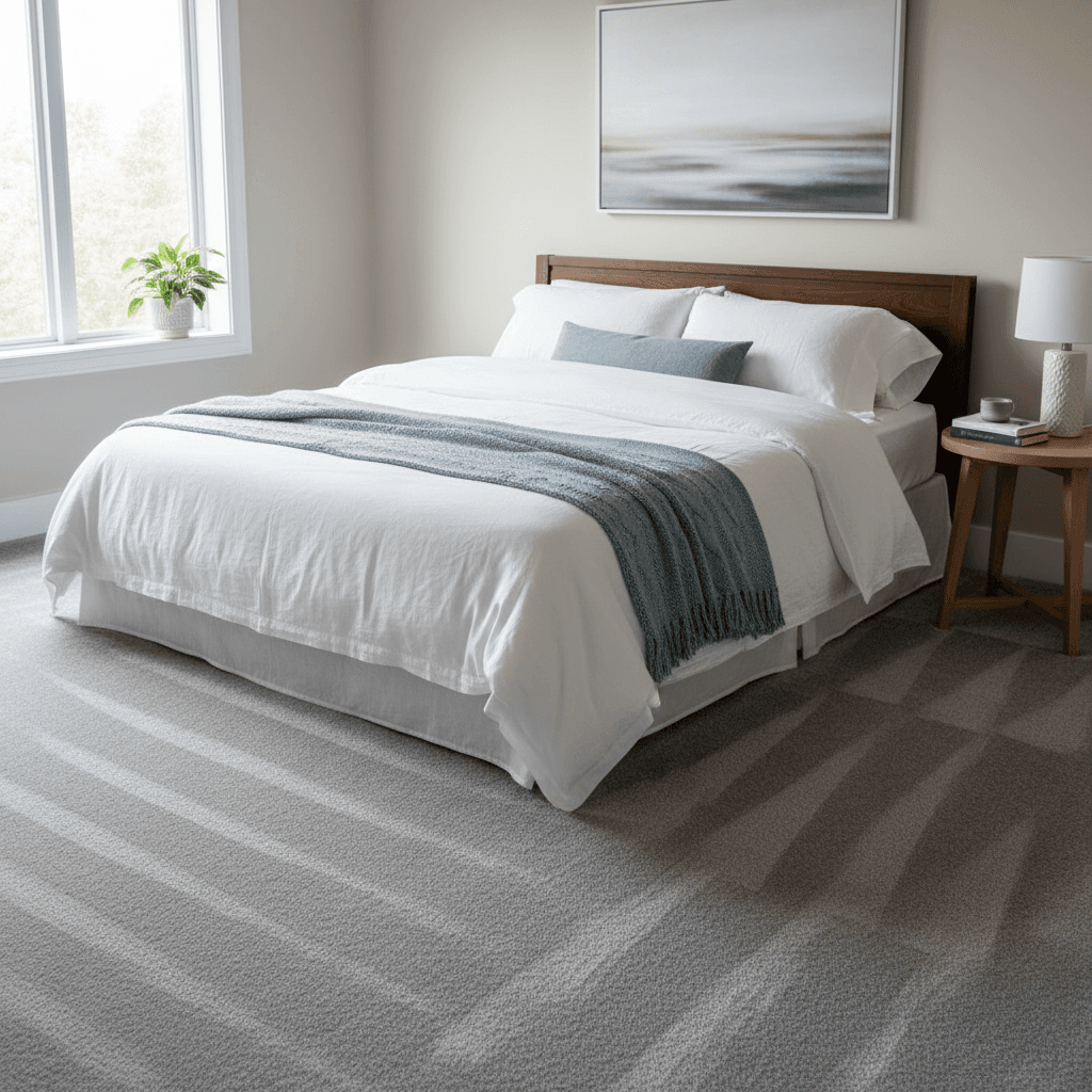 Tidy bedroom with vacuumed carpet and a neatly made bed in soft natural light