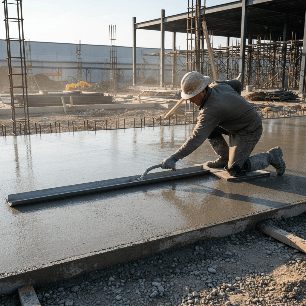 Worker smoothing fresh concrete slab on construction site