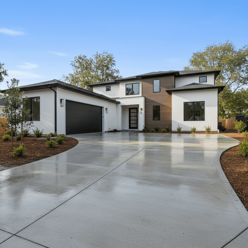Freshly poured concrete driveway leading to modern home