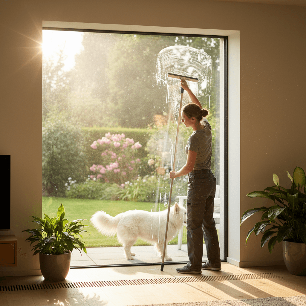 Person cleaning a window with a squeegee in a bright home