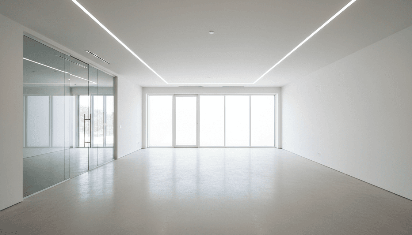 clean empty modern interior space after construction, bright natural light, polished floors
