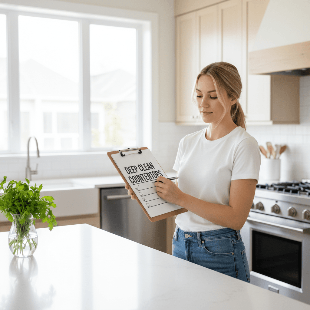 Woman checking a cleaning checklist in a bright kitchen