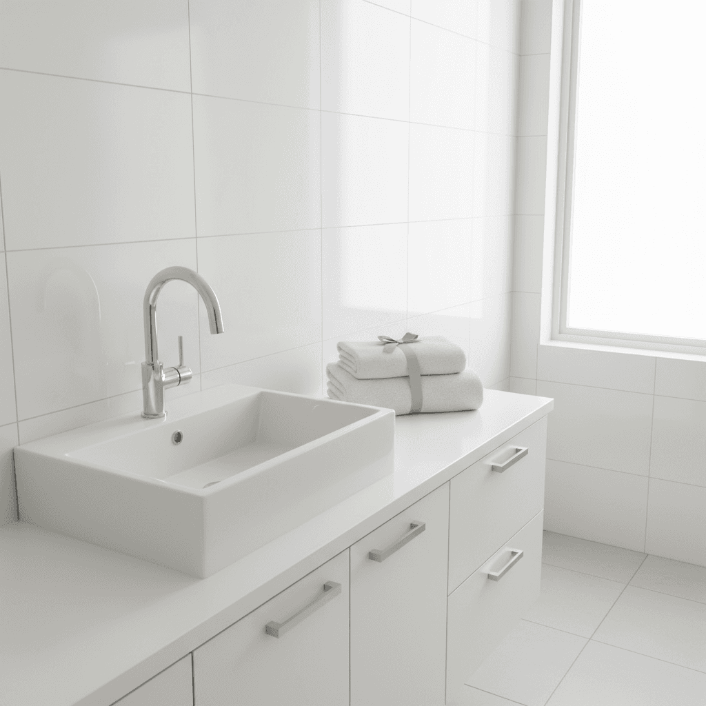 Clean white bathroom with polished faucet and neatly folded towels