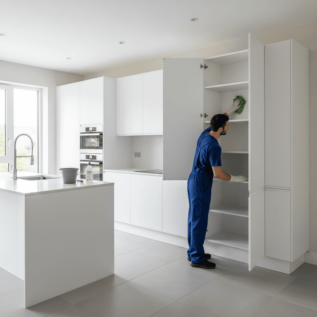 Cleaner wiping the inside of a white kitchen cabinet