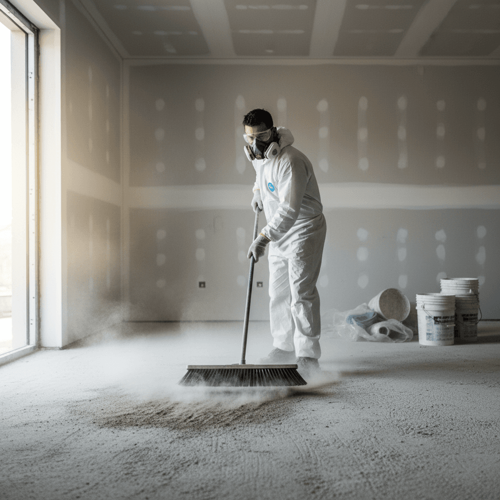 Documentary-style medium shot of a cleaner sweeping fine construction dust from a newly finished interior with raw concrete floors and fresh drywall