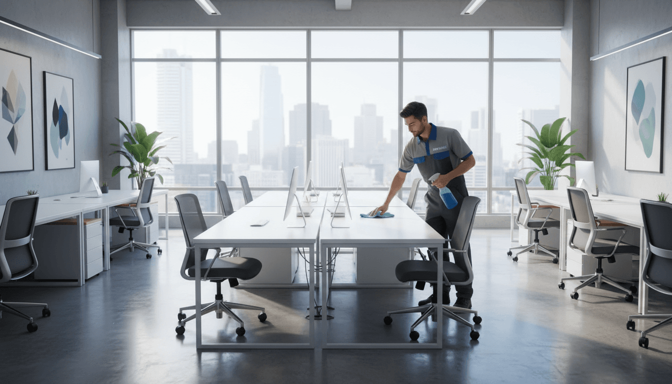 Professional cleaner wiping an office desk in a bright modern commercial space
