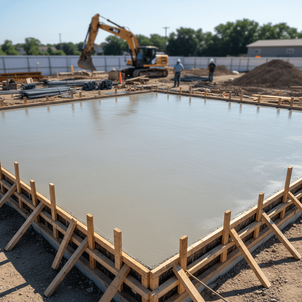 Smooth concrete foundation slab with clean formwork edges at a construction site