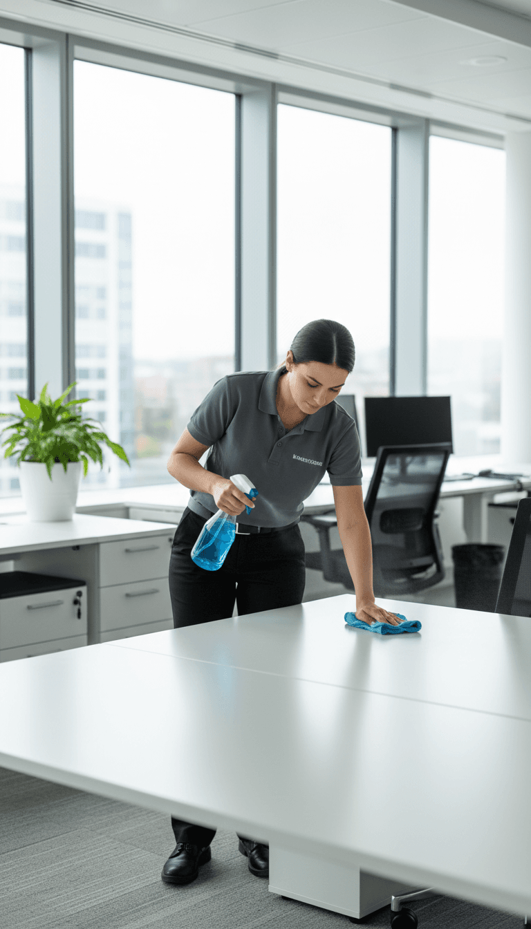 Commercial cleaner wiping an office desk in a bright workspace