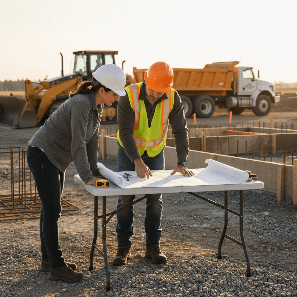 Contractor reviewing plans with a homeowner at a job site