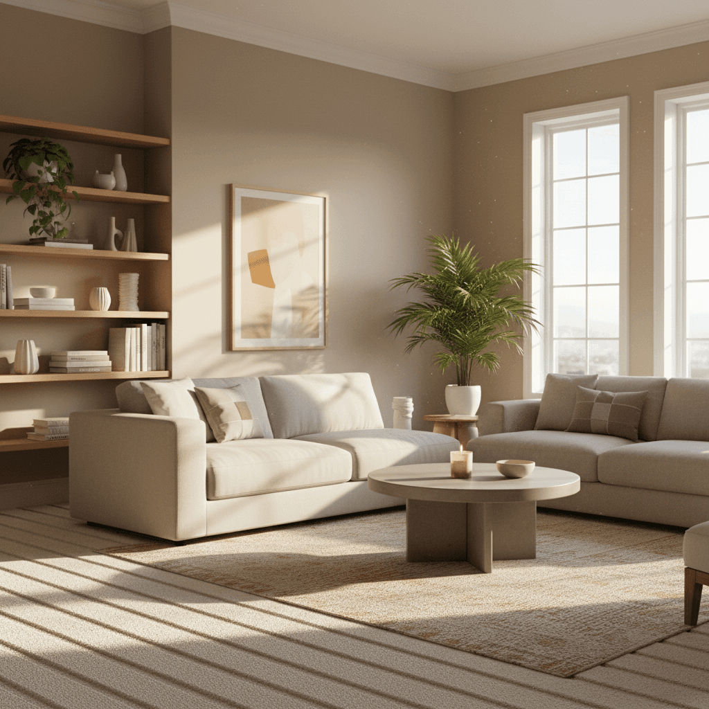 Clean living room with vacuumed floor and dusted shelves in warm natural light