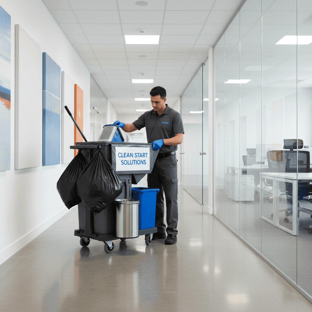 Cleaner emptying office trash bin into cart in modern hallway