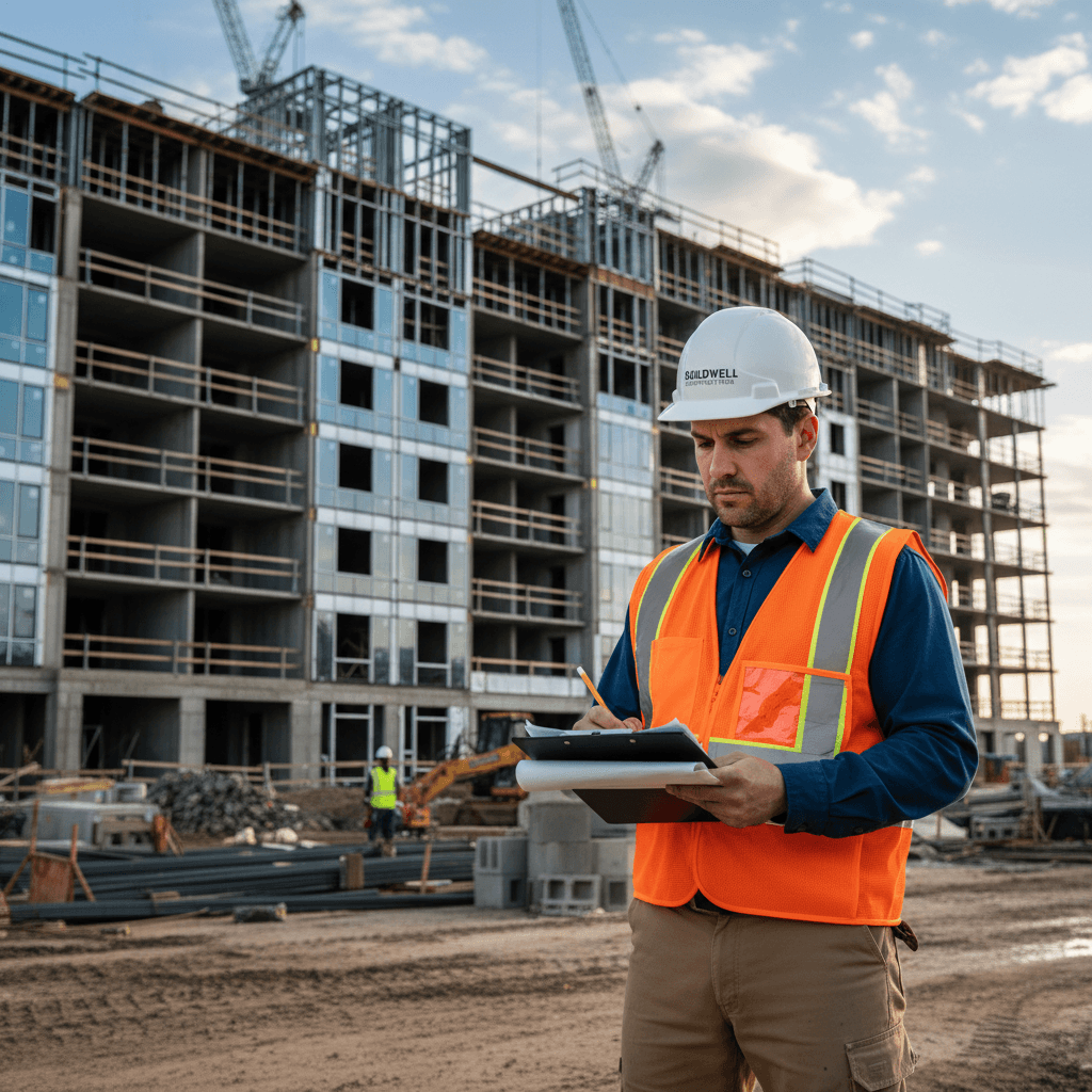 Contractor in a hard hat reviewing plans at a construction site