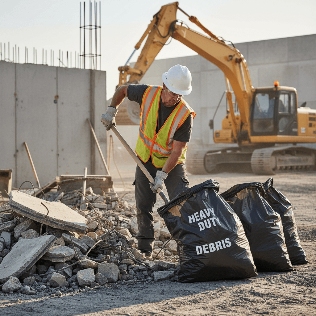 Worker collecting construction debris into heavy duty trash bags on a job site