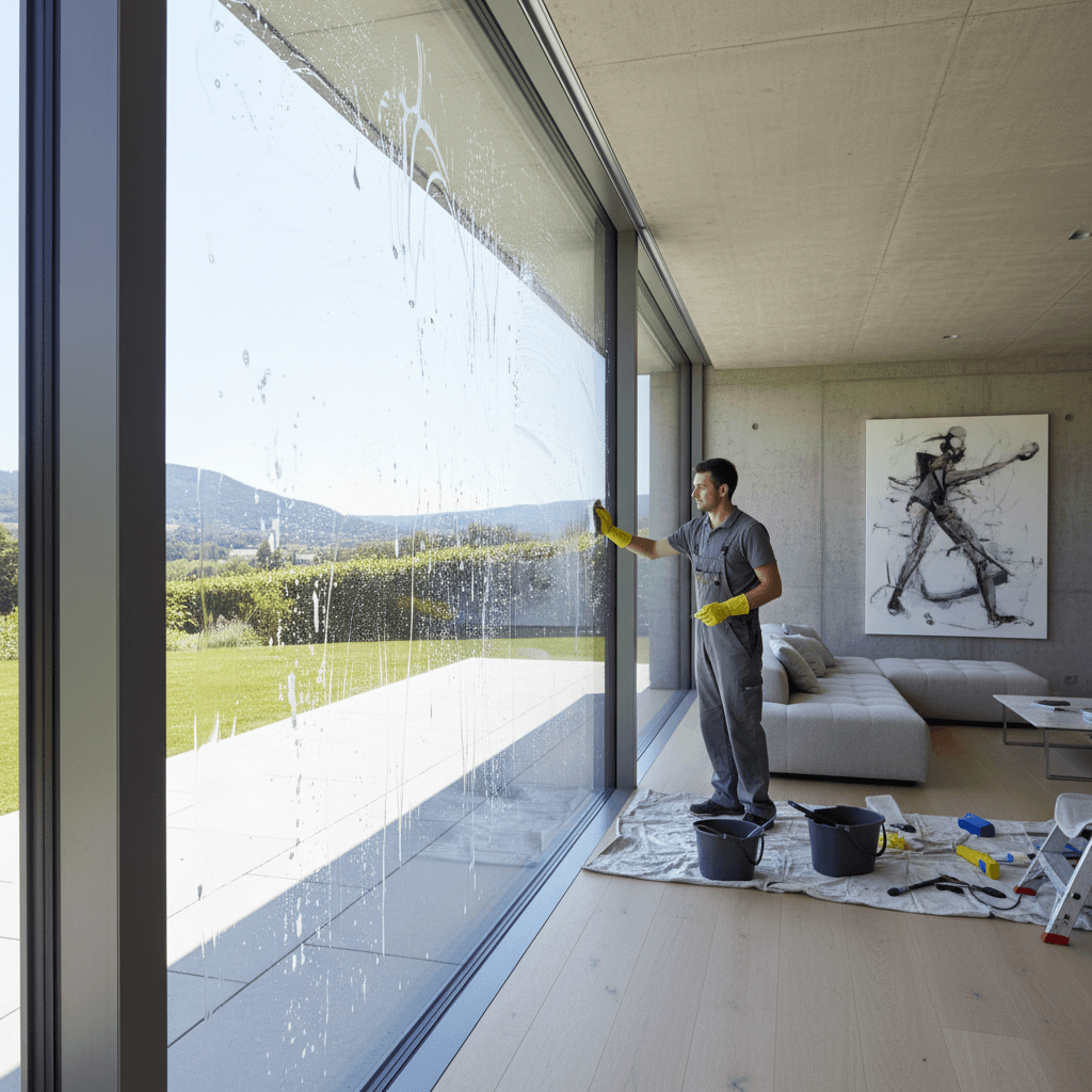 Cleaner wiping a large window in a bright, newly built home
