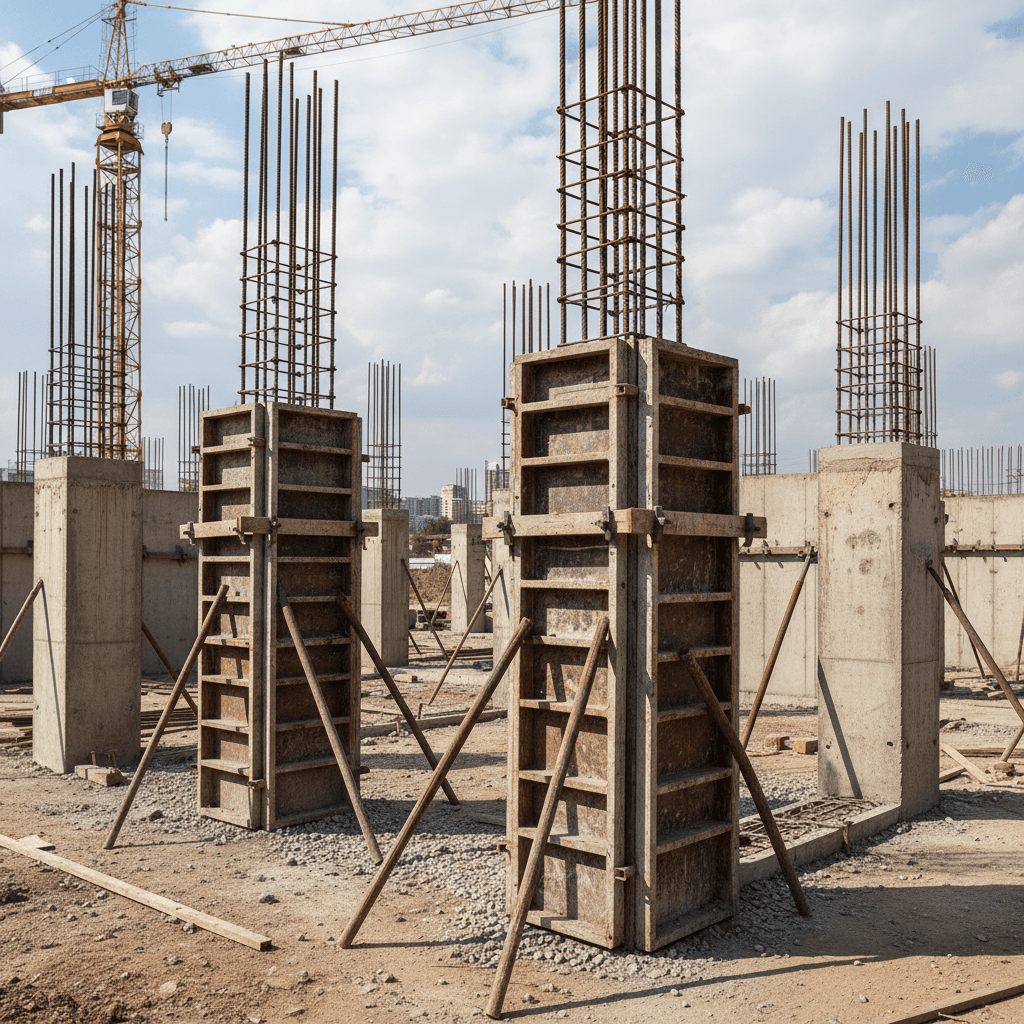 Reinforced concrete columns and walls under construction