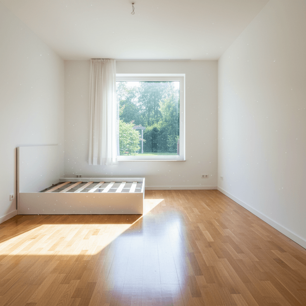 Empty bright bedroom with clean floors and window light