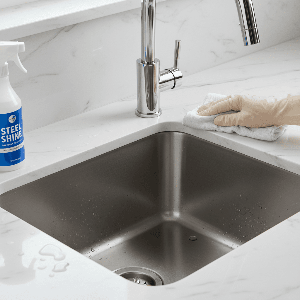 Cleaner polishing a stainless steel kitchen sink and faucet until shiny