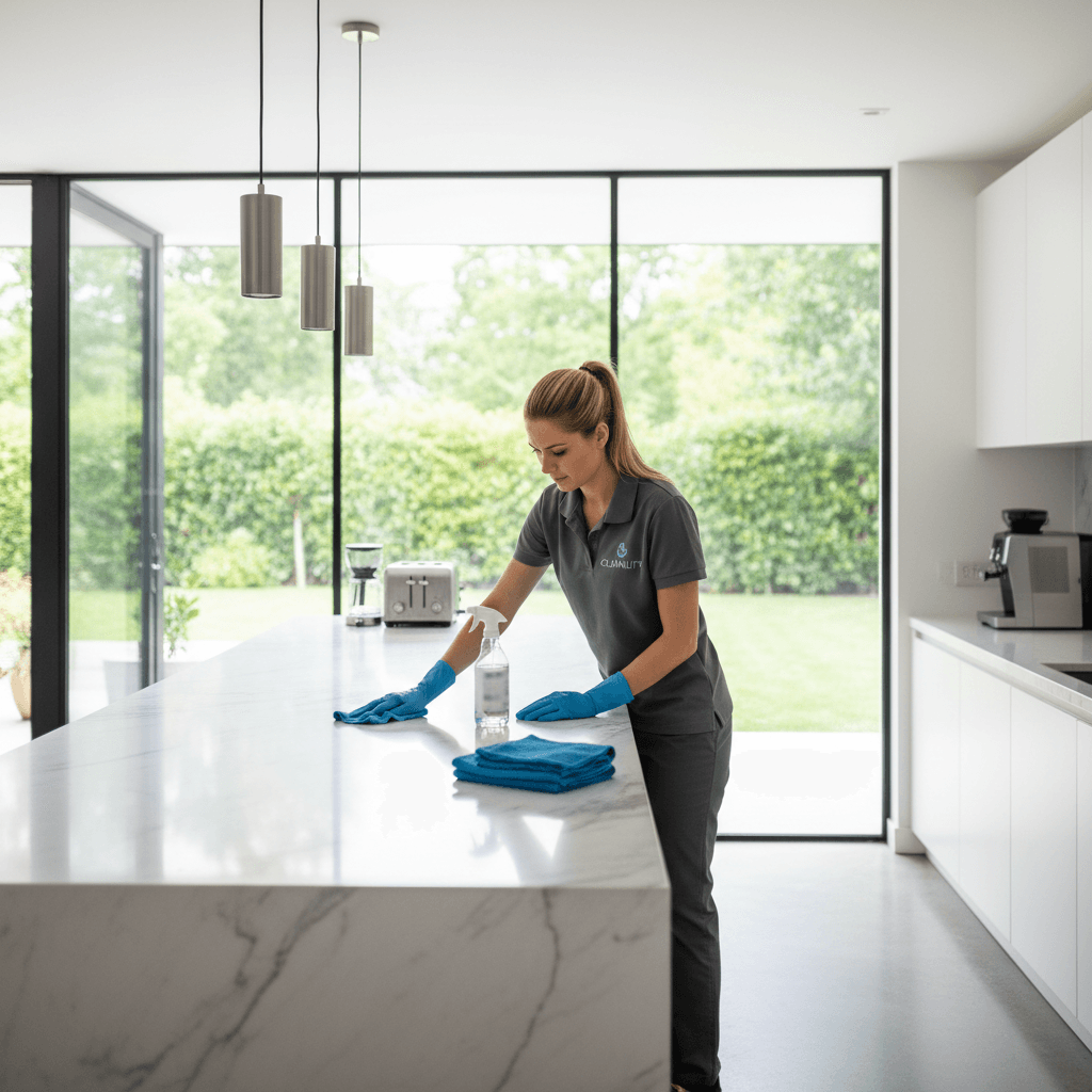 Professional cleaner wiping a kitchen counter in a bright modern home