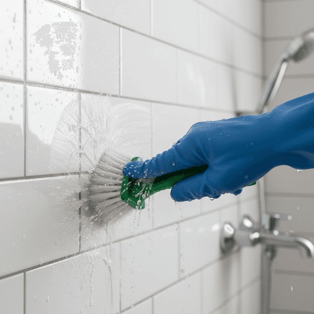 Gloved hand scrubbing tile grout with a brush in a shower