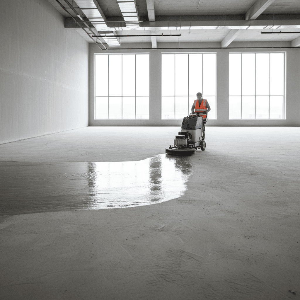 Professional floor scrubber machine cleaning a concrete floor in an empty commercial space