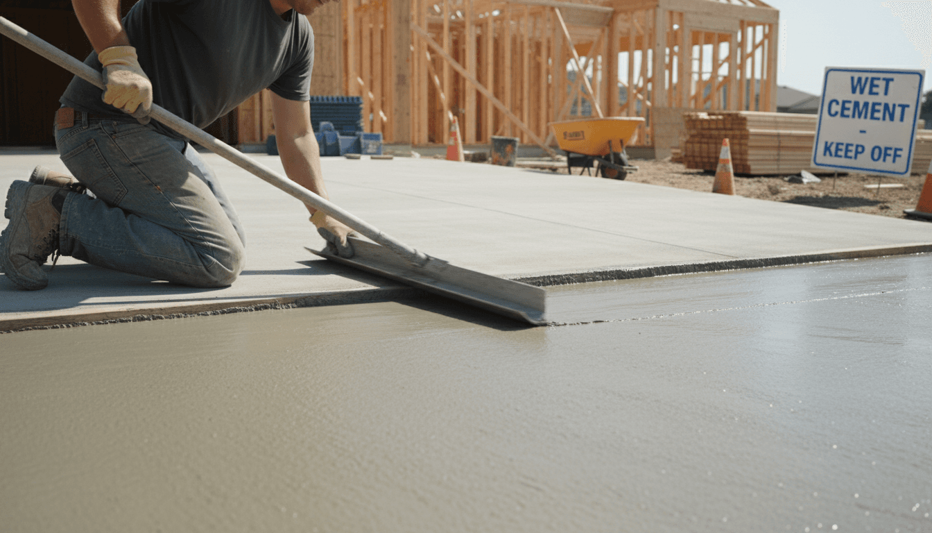 Contractor finishing a freshly poured concrete driveway with a trowel
