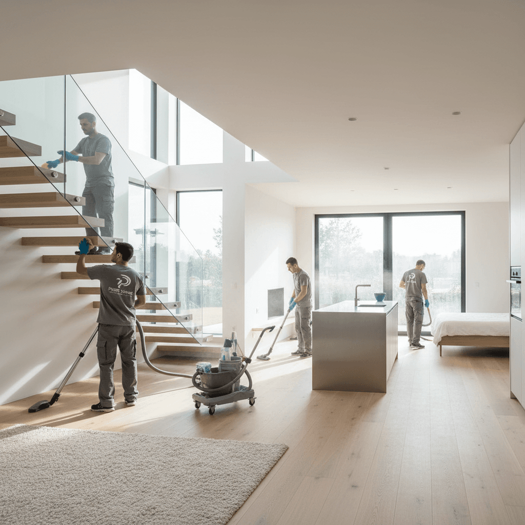 Professional cleaning crew wiping down surfaces in a bright new home