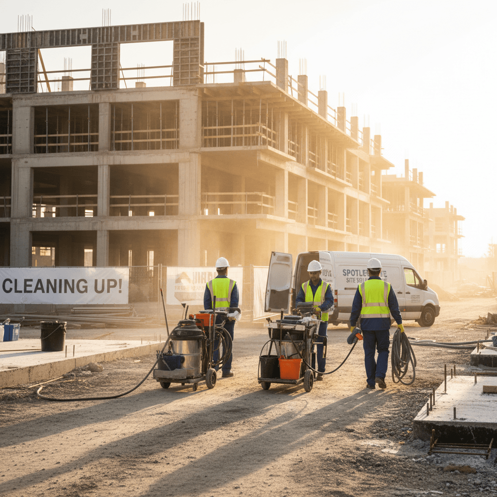 Cleaning crew with equipment at a new construction site