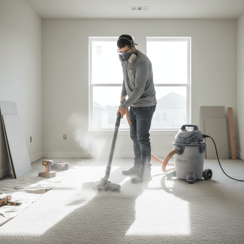 Person vacuuming dust from the carpet in a new home