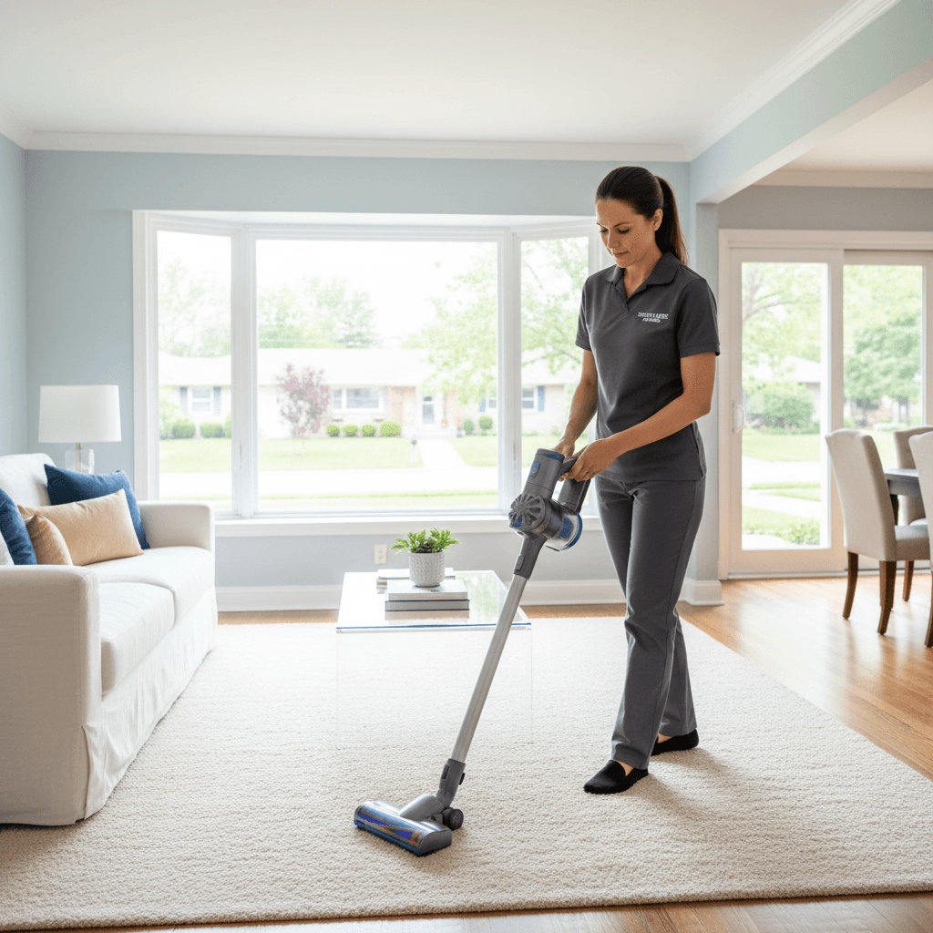Cleaner vacuuming a living room carpet in a bright suburban home