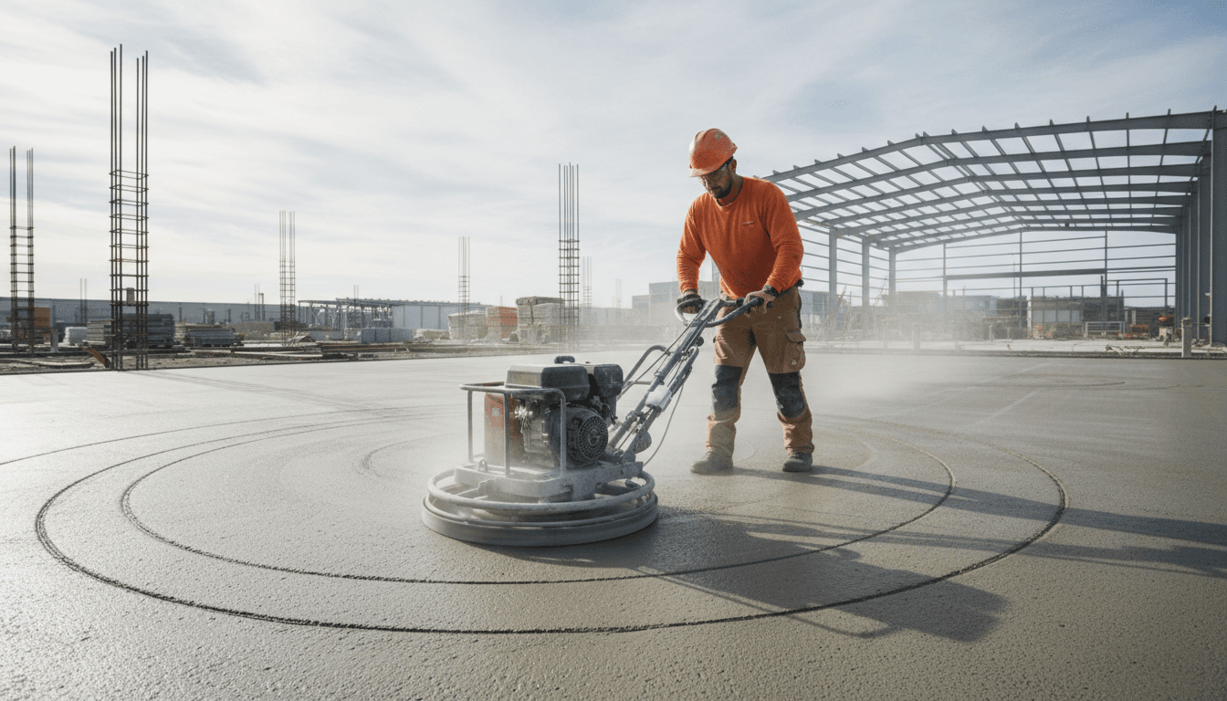 Concrete worker smoothing a freshly poured slab on a construction site