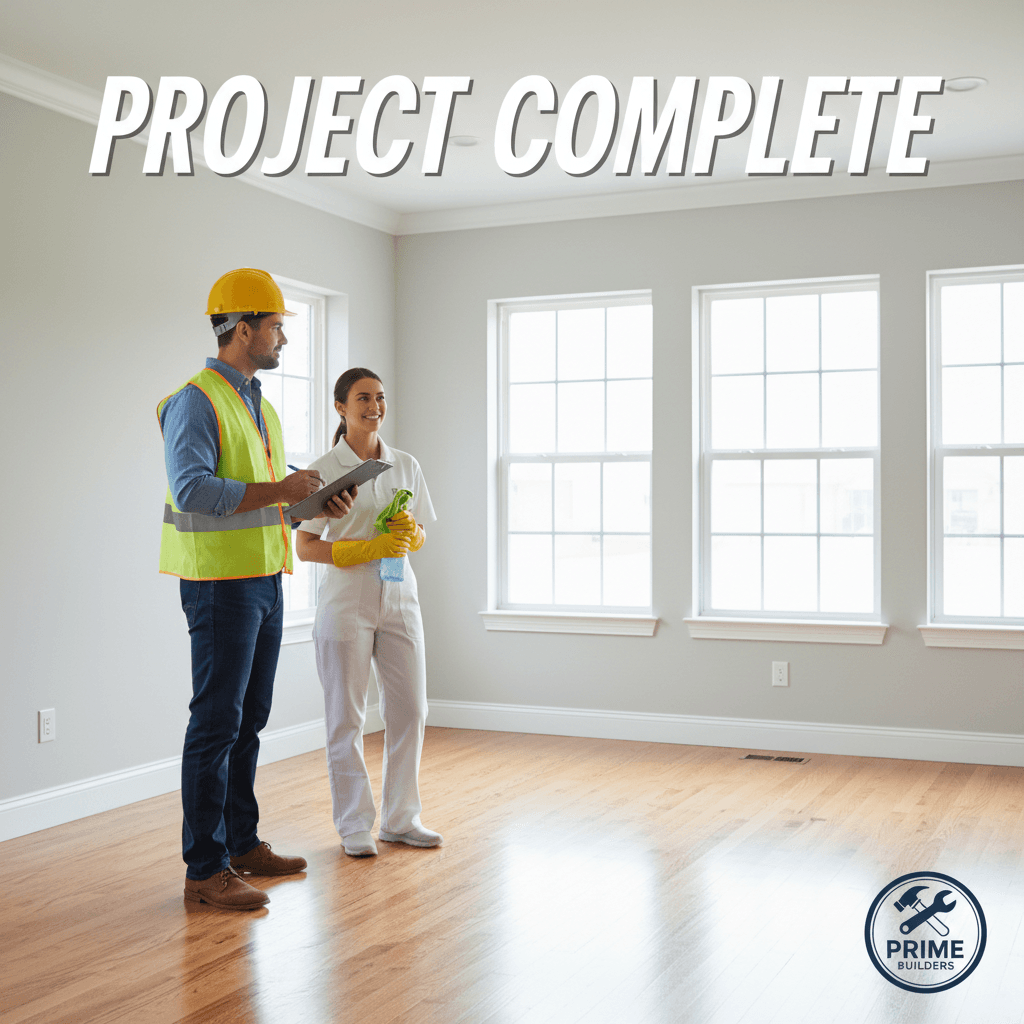 Contractor and cleaner inspecting a spotless finished room together