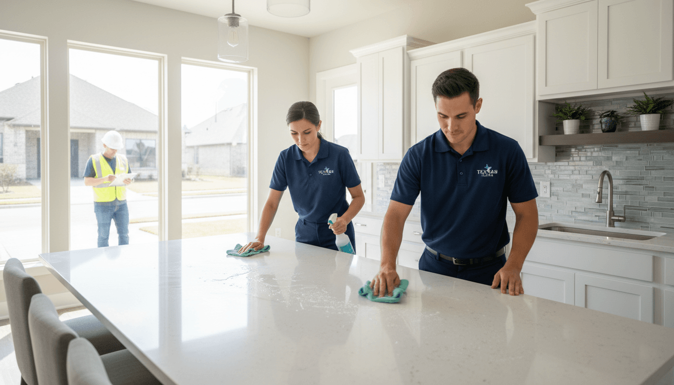 Cleaning crew in matching navy uniforms wiping down a modern kitchen countertop