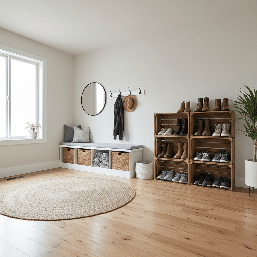 Clean entryway with swept floor and neatly organized shoes near the door