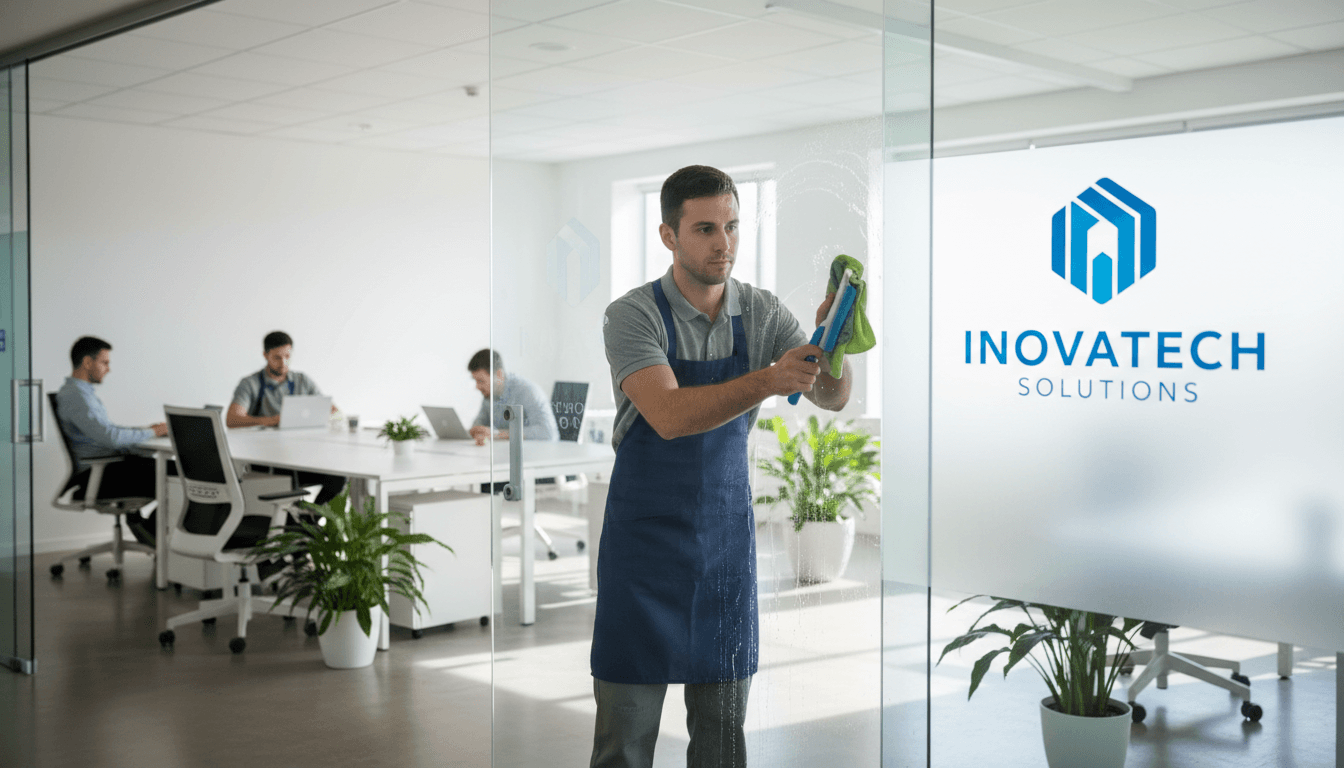 Professional cleaner wiping a glass door in a bright, modern office space