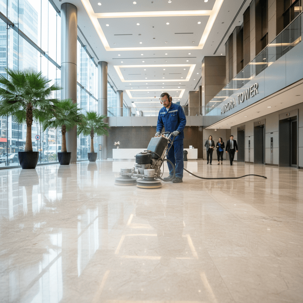 Worker polishing and buffing a marble lobby floor in a commercial building